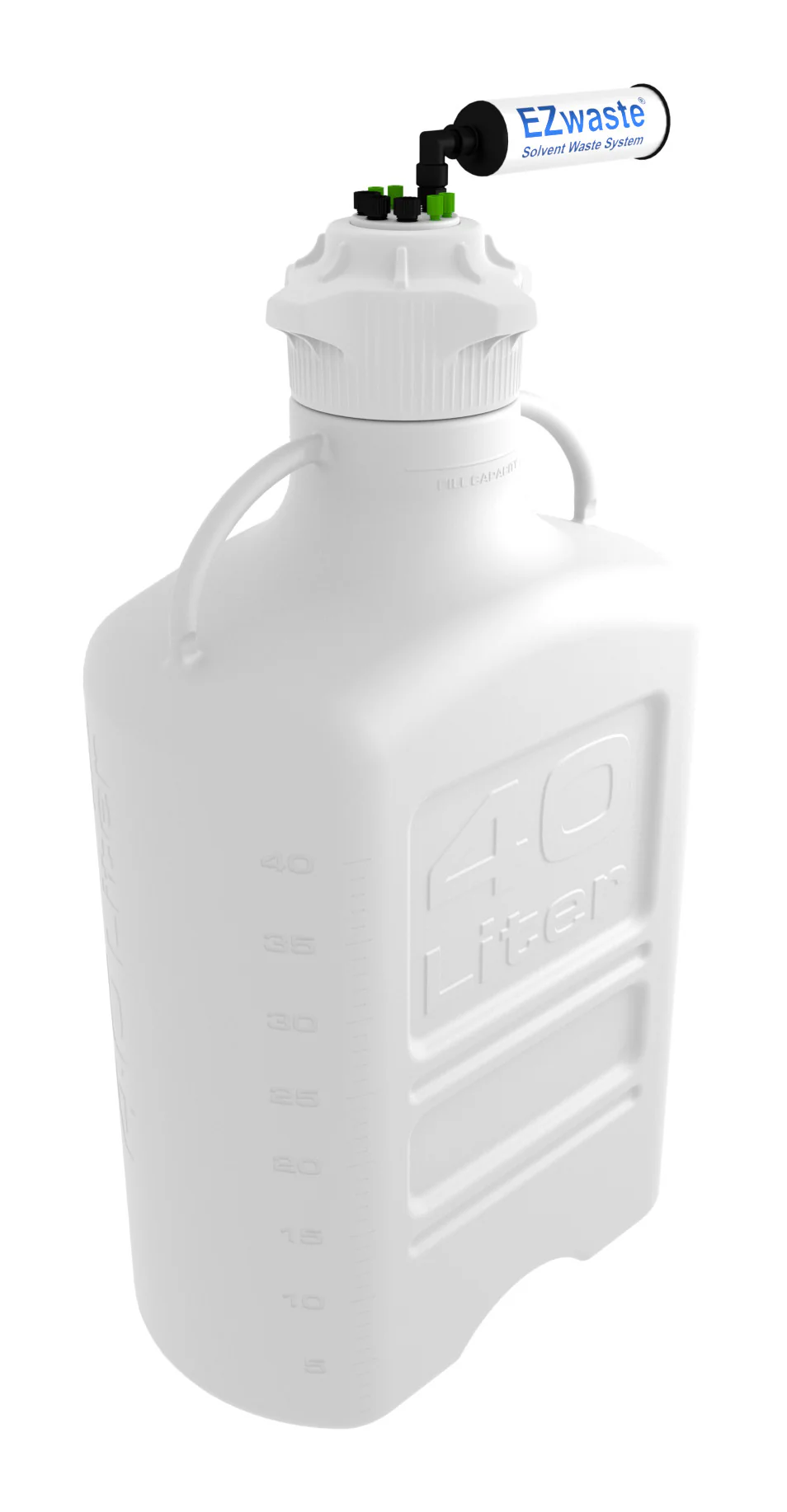 EZwaste® XL HPLC Solvent Waste System, 40 L HDPE Reusable Carboy, 120 mm VersaCap with Four (4x) Ports for 1/16 Inch, Three (3x) 1/4 Inch O.D. Tubing; & Filter, 1/EA