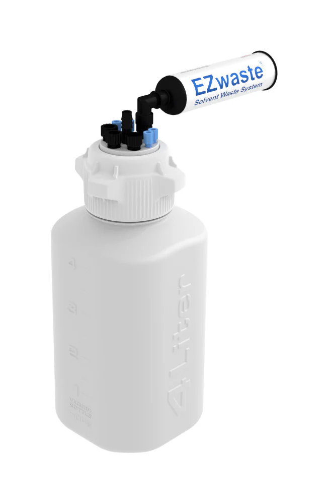 EZwaste® HPLC Solvent Waste System, 4 L HDPE Heavy Duty Reusable Bottle, 83 mm (83B) VersaCap with Four (4x) Ports for 1/8 Inch O.D. Tubing; Three (3x) Ports for 1/4 Inch O.D. Tubing; One (1x) Hose Barb Port for 1/4 or 3/8 Inch I.D. Tubing, 1/EA