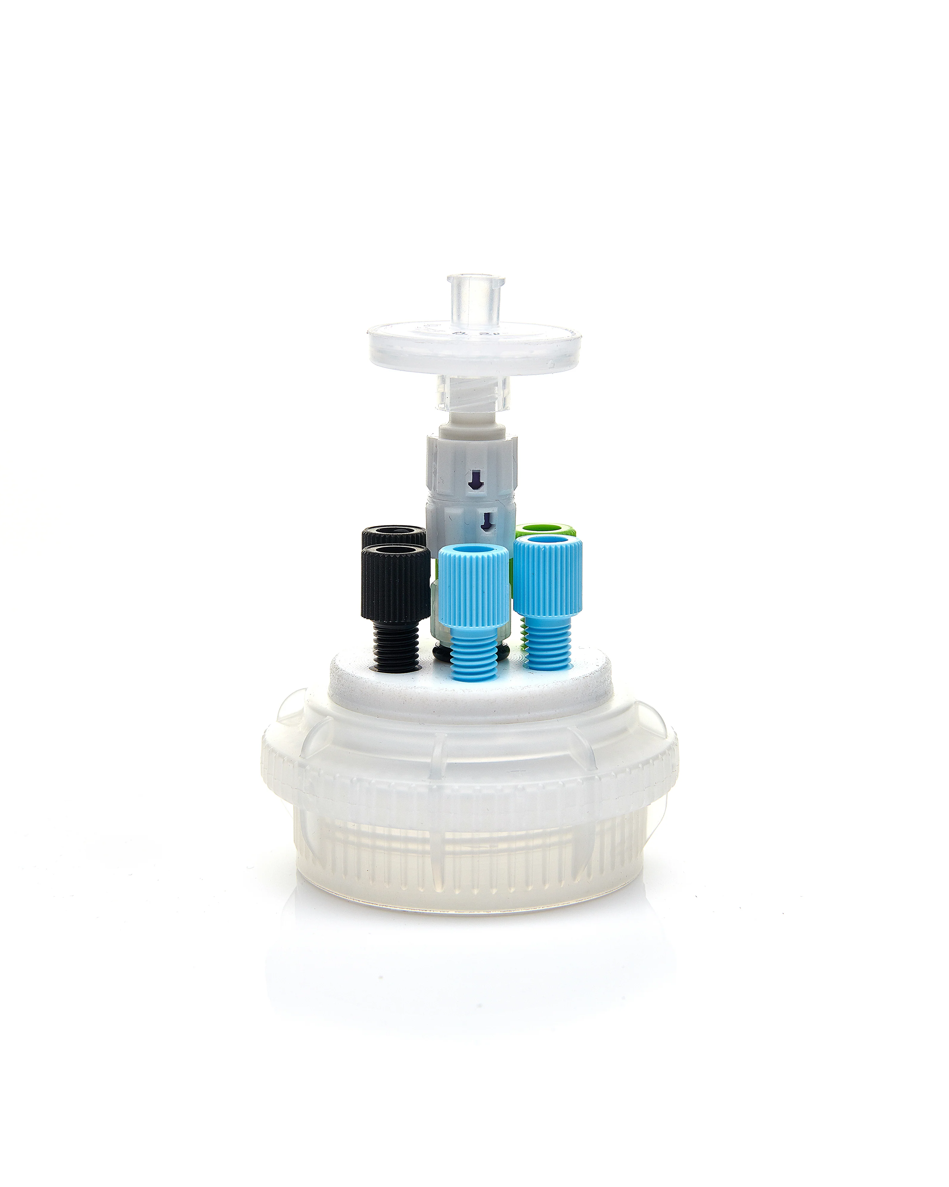 HPLC Solvent Reservoir ChromCap™ 300 Assembly, GL45, Class VI Polytetrafluoroethylene (PTFE) Adapter, 6 Ports for 3.2mm(1/8") and/or 1.6mm(1/16") OD Tubing