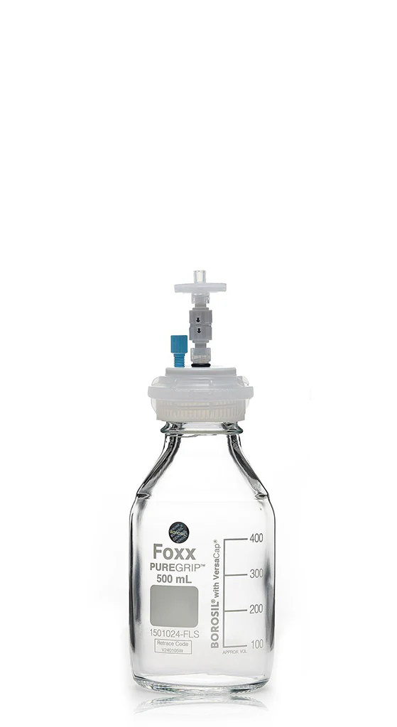 HPLC Solvent Reservoir Bottle Assembly, GL45, 500mL Clear, Class VI Polytetrafluoroethylene (PTFE) Adapter, 1 Ports for 3.2mm(1/8") or 1.6mm(1/16") OD Tubing