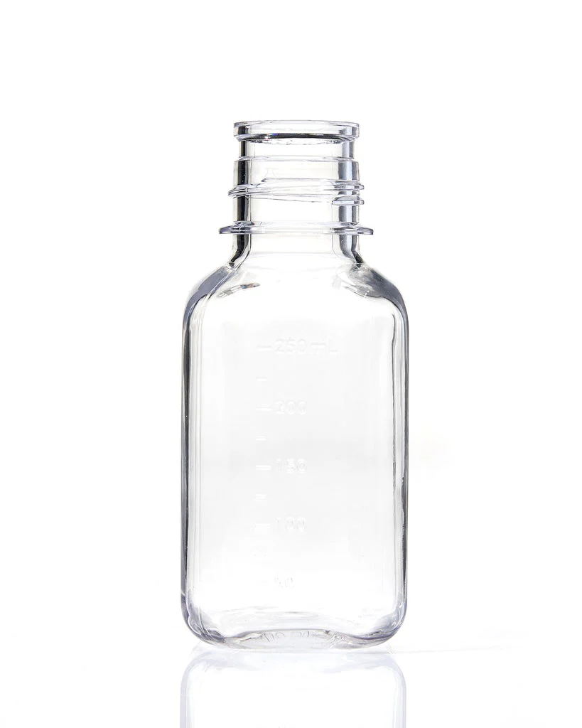 EZBio® Square Bottle, 250mL, PETG, Non-Sterile, 38-430mm Neck, No Cap, 30/cs