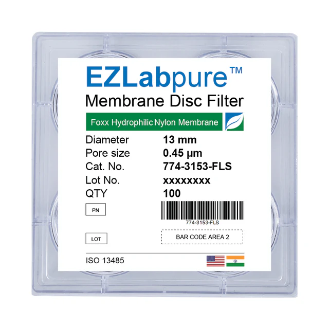 EZLabpure™ Nylon Hydrophilic Membrane Filters, 0.45 µm, 13 mm Diameter Filter Discs, 100/PK