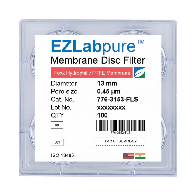 EZLabpure™ PTFE Hydrophilic Membrane Filters, 0.45 µm, 13 mm Diameter Filter Discs, Non-Sterile,100/PK