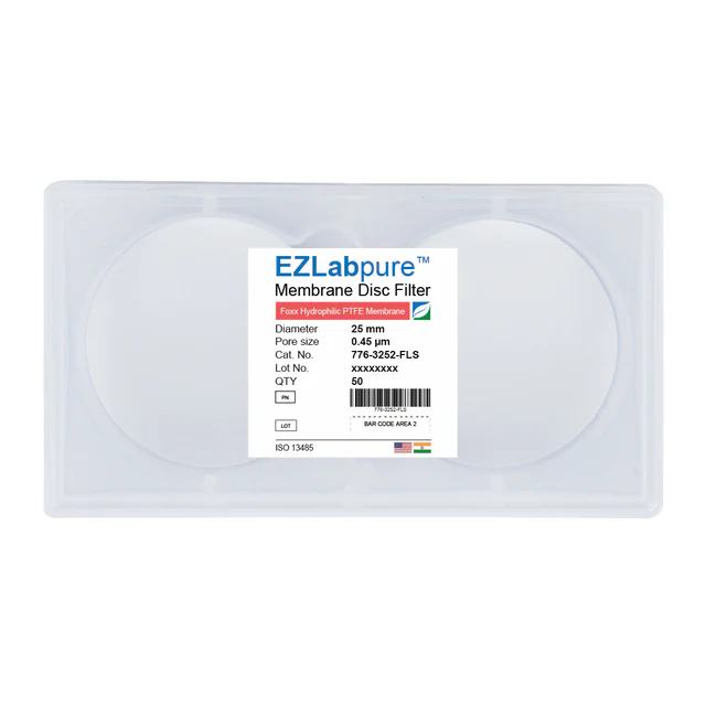 EZLabpure™ PTFE Hydrophilic Membrane Filters, 0.45 µm, 25 mm Diameter Filter Discs, Non-Sterile,50/PK
