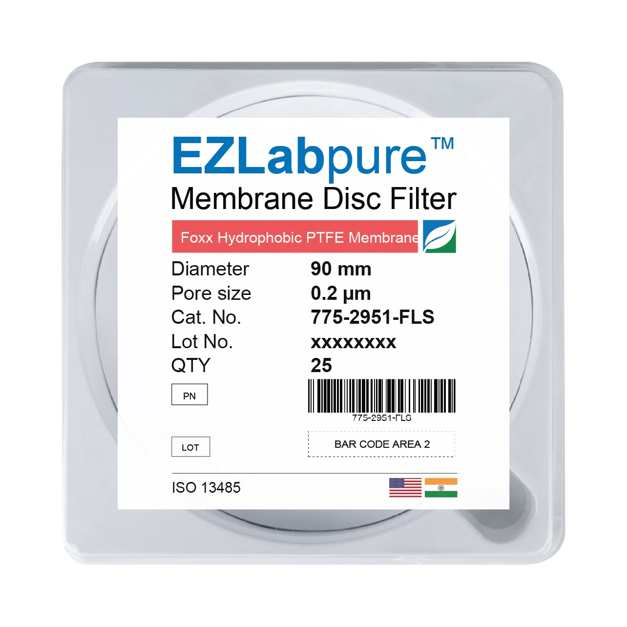 EZLabpure™ PTFE Hydrophobic Membrane Filters, 0.2 µm, 90 mm Diameter Filter Discs, Non-Sterile,25/PK