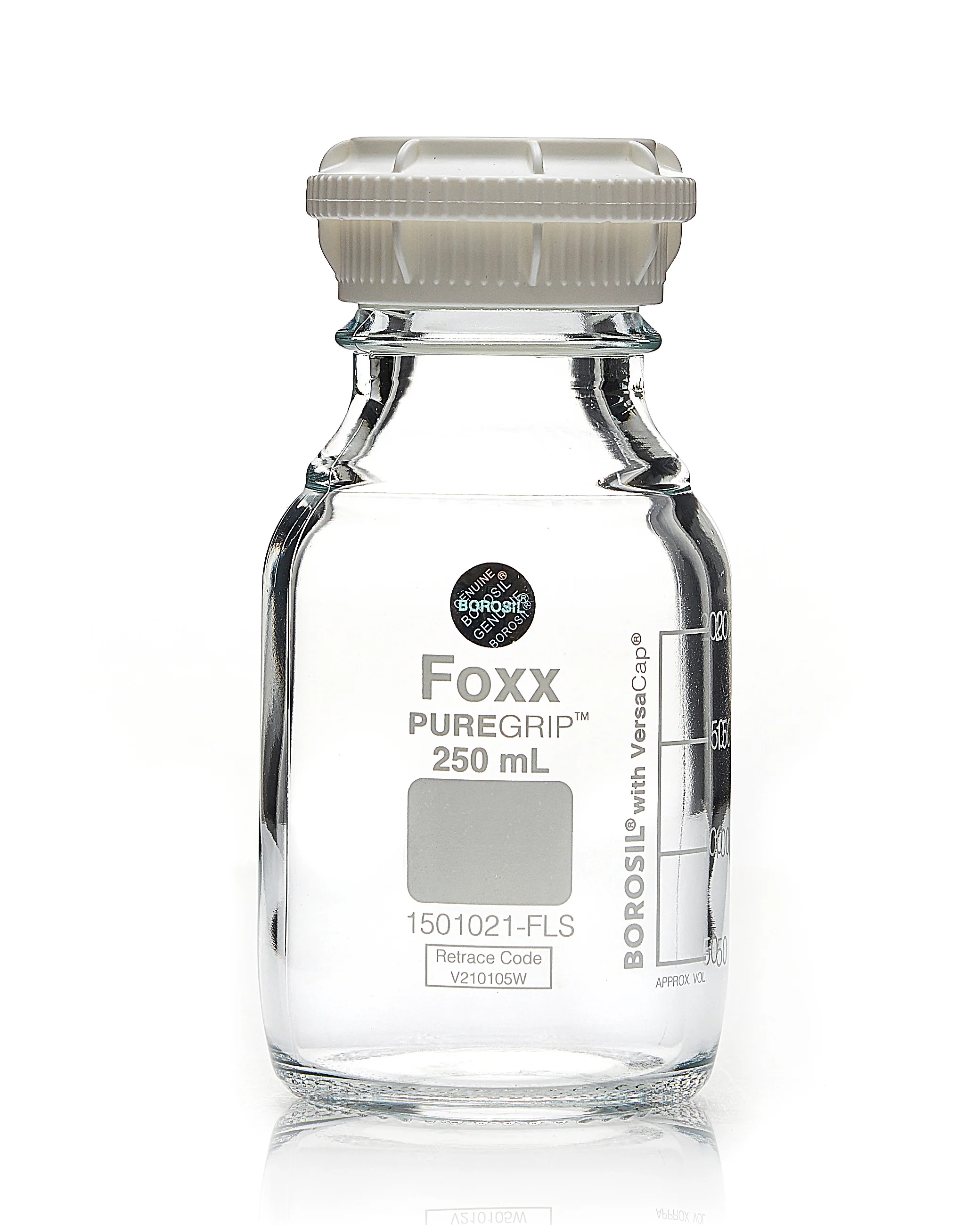 PUREGRIP® Reusable Round Glass Media Storage Bottles with GL45 VersaCap, Pouring Ring, and Extra Large Marking Spot, 250 mL, 10/CS