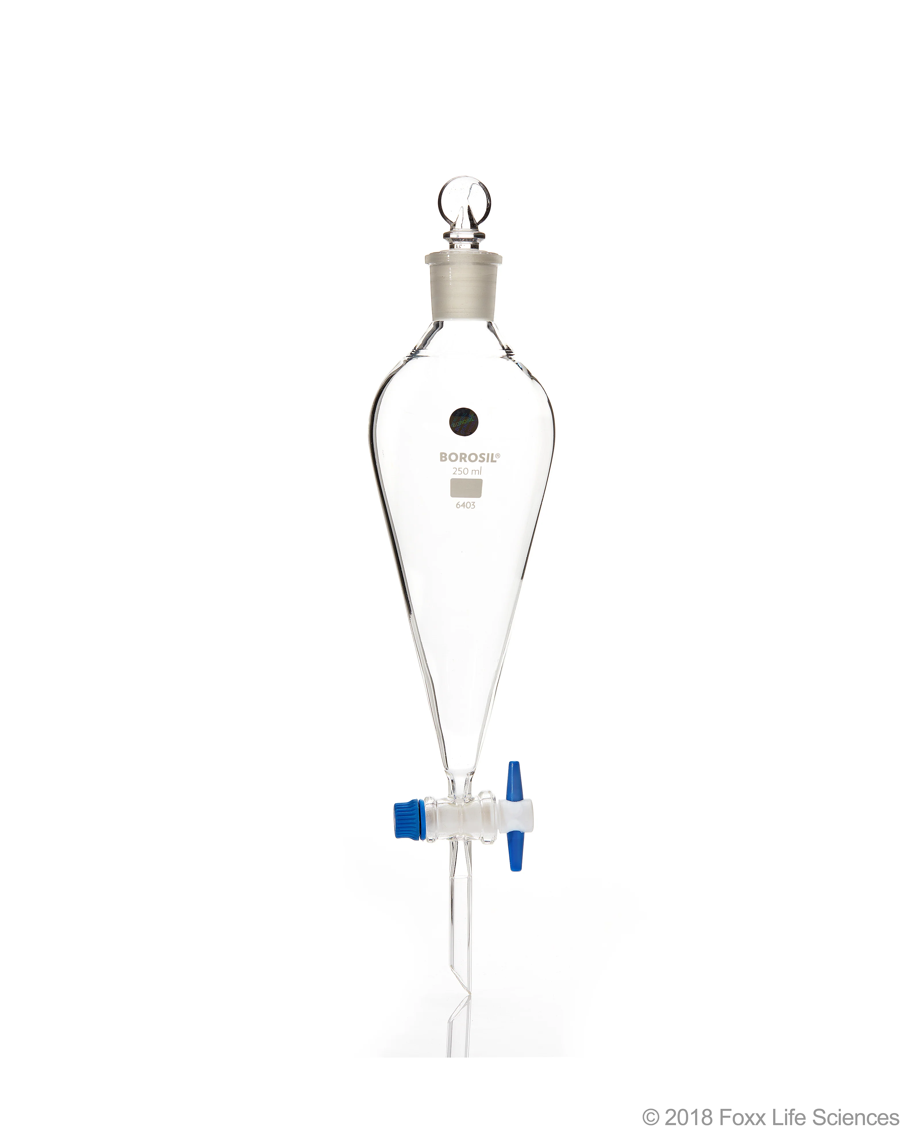 Borosil® Glass Separating Funnels, Pear Shape, with Polytetrafluoroethylene (PTFE) stopcock, Interchangeable stopper CS/10 500mL